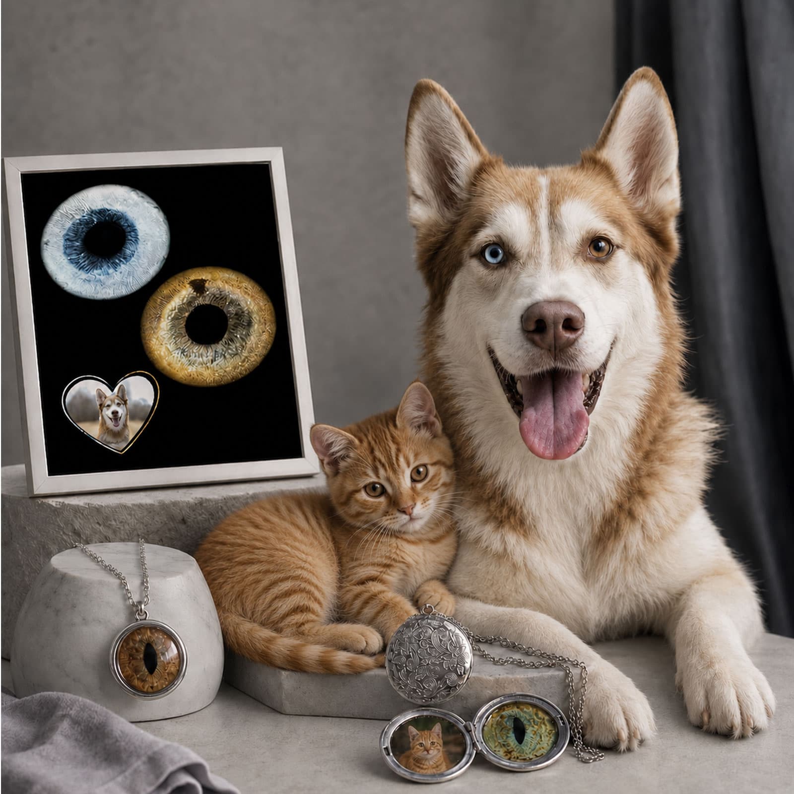 Perro y gato junto a productos personalizados con fotografías de iris