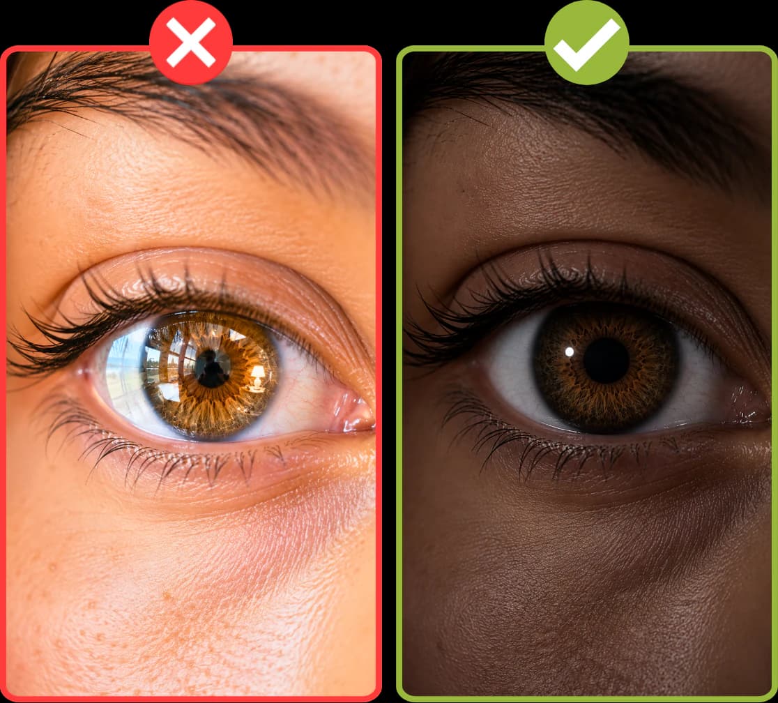 Comparación entre fotografiar el iris con mucha luz ambiental y en un lugar oscuro
