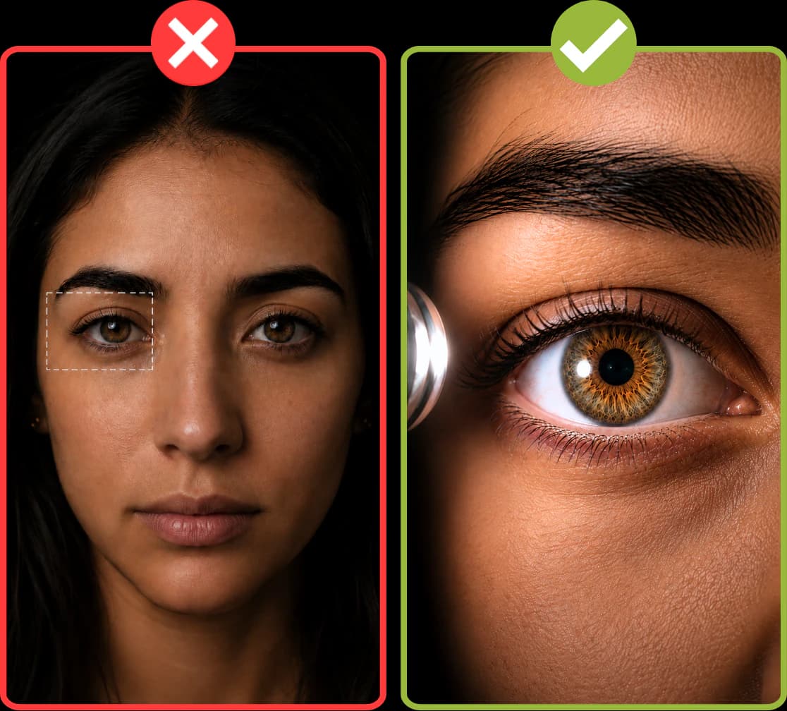 Comparación entre una fotografía lejana y un primer plano del ojo